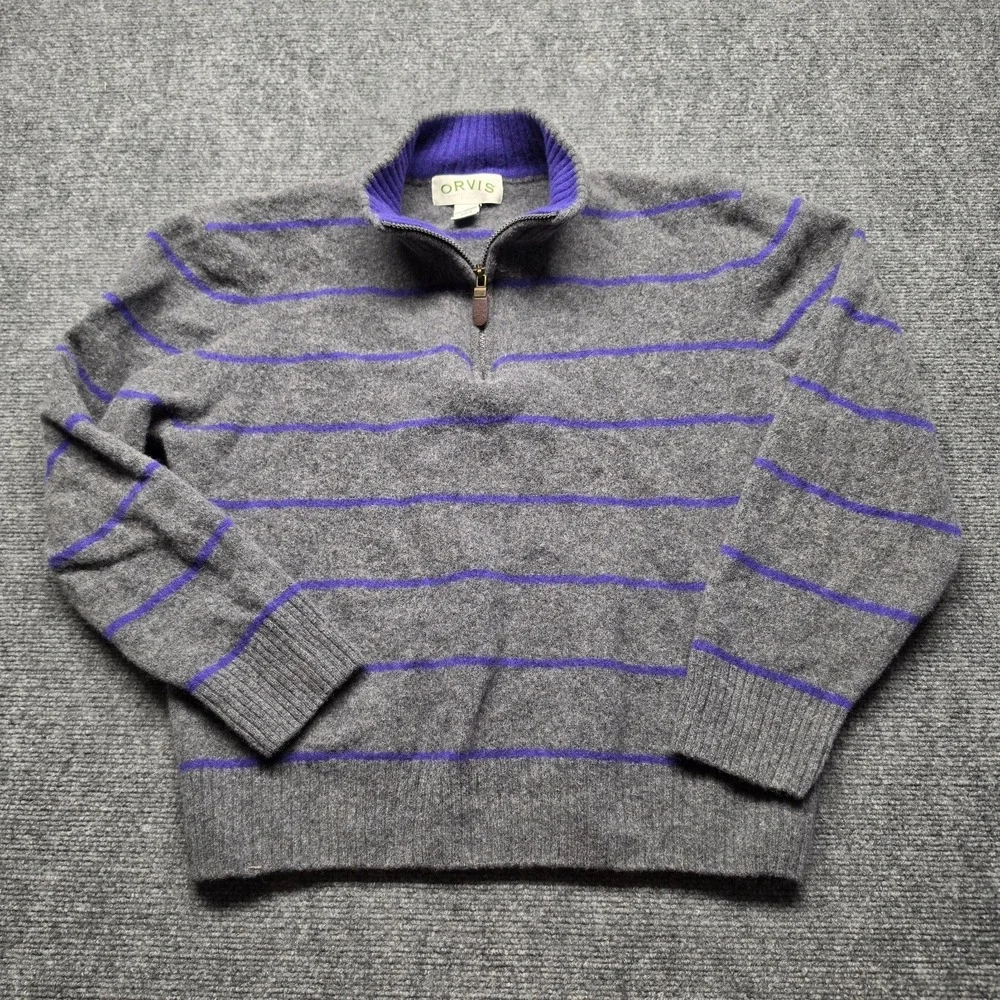 Orvis Mens XL Lambswool Sweater Quarter Zip Gray Purple Striped Outdoor Preppy